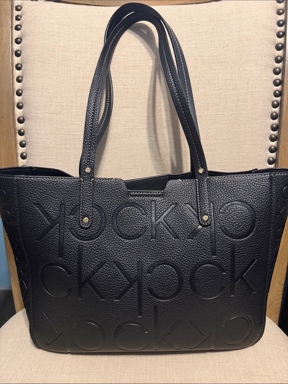 Calvin Klein Black Embossed Logo Pebbled Tote
